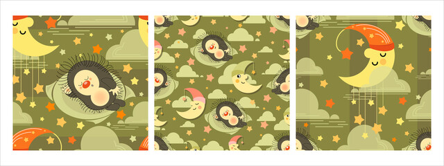Cute hedgehog. Young month. Night background. Set. Funny cartoon characters in the night sky.  © velishchuknatali