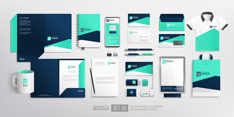 Business branding identity with office stationery items and objects Mockup set. Blue colour abstract design Corporate company corporate Identity design on stationery items, folder, mug, t-shirt, bag - obrazy, fototapety, plakaty
