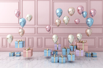 Balloons flying for party in wall background. 3D illustration, 3D rendering	
