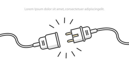 Vector Electric Plug and Socket unplugged - line art design 404 error disconnect on white background. Concept of Electrical theme web banner, disconnection, loss of connect, loss of connection