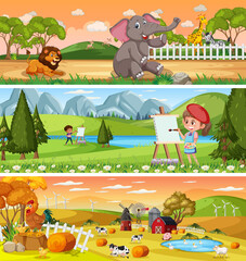Obraz na płótnie Canvas Different panoramic nature landscape set with cartoon character