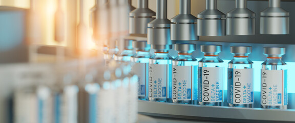 Bio science and sars-cov-2 COVID-19 medical concept.Manufacture process of new vaccine to fight the coronavirus pandemic.vaccine Bottles with Labels Move on Conveyor Belt in Laboratory.3d render