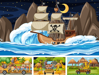 Set of different scenes with pirate ship at the sea and animals in the zoo