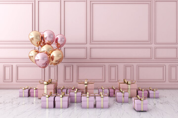 Colorful Bunch of Birthday 3D Balloons Flying for Party in room. 3D illustration, 3D rendering	
