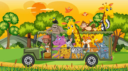 Obraz na płótnie Canvas Safari scene with wild animals in the cage car