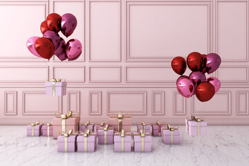 Colorful Bunch of Birthday 3D Balloons Flying for Party in room. 3D illustration, 3D rendering	
