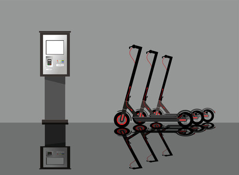 Electric scooter rental. Electric scooters for shared use are lined up and ready to rent. Vector illustration.