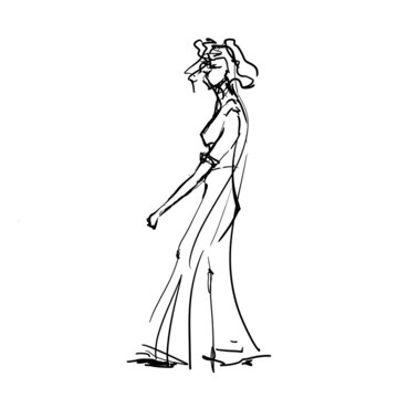Silhouette of a woman walking cotor outline sketch drawing.