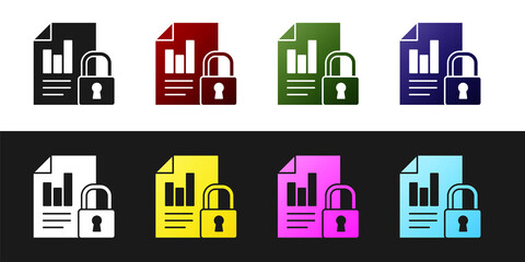 Set Document and lock icon isolated on black and white background. File format and padlock. Security, safety, protection concept. Vector Illustration