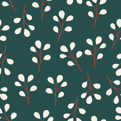 Forest Green with whimsical white leafy elements seamless pattern background design.