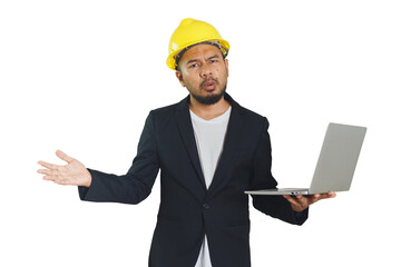 Asian engineering man wears hardhat stressful gesture holding laptop isolated on white background. foreman control construction. clipping path.