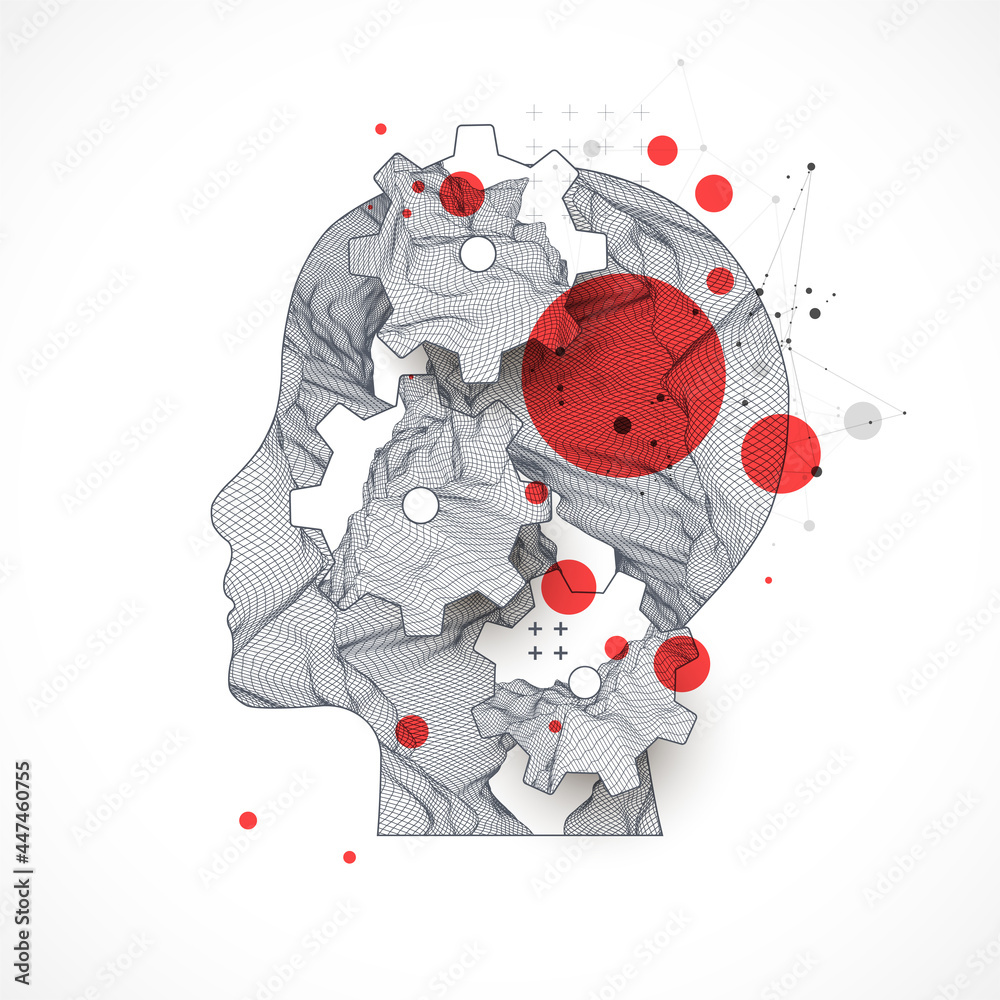 Poster topography in the contour. the human head is made in the style of a frame with gears. vector art.