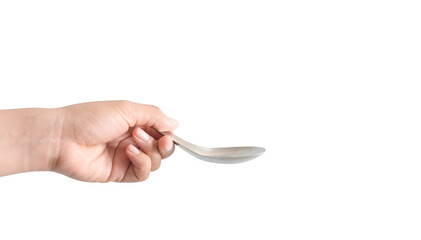 Hand holding Stainless Steel Soup Spoon isolated on white background.