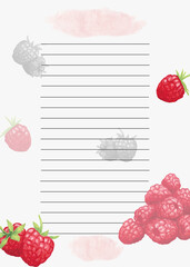 Cookbook page template. The page is lined up. Watercolor recipe page with raspberries decor. Page for culinary book. Page with raspberries for recipes, desserts.