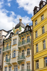 Fototapeta na wymiar Beautiful historical buildings in the old spa town of Karlovy Vary