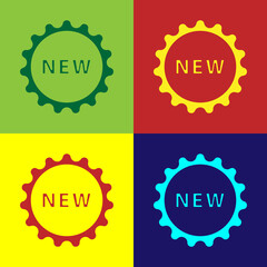 Pop art Price tag with an inscription New icon isolated on color background. Badge for price. Promo tag discount. Vector Illustration