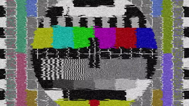 Loopable: Old analog CRT TV screen shows screen color test pattern with flickering static noise because of weak signal.
