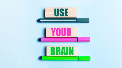 On a light blue background, there are three multi-colored felt-tip pens and wooden blocks with the USE YOUR BRAND