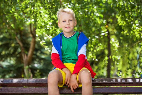 Blonde little boy in a summer park
