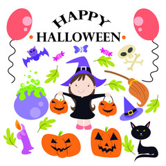 Happy halloween hand drawn Doodle cartoon set of objects and symbols
