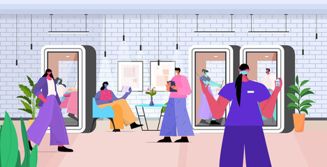 female doctor in mask vaccinating businesspeople patients fight against coronavirus vaccine development concept