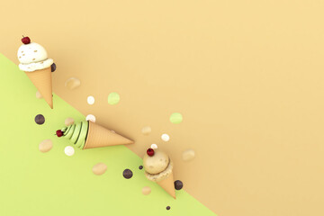 Ice Cream on Paper Background. Summer time. 3D illustration, 3D rendering