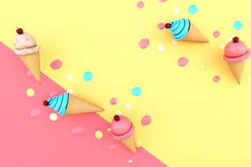 Melted Ice Cream on Paper Background. Summer time. 3D illustration, 3D rendering	