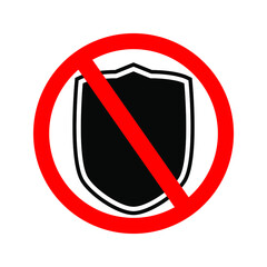 No Shield icon. No Emblem. Shield and Emblem icon black color with red prohibition sign. stop sign. editable colors. Ep 10.