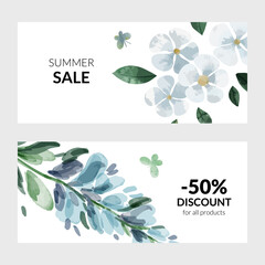 Set of two summer banners with blue watercolor florals