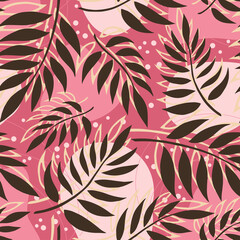 Seamless vector background with different fern leaves on pink background. Vector illustration