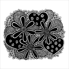 flowers, hearts, curls and leaves drawn by hand in black and white color
