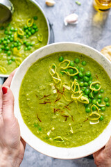 Homemade leek peas creamy soup