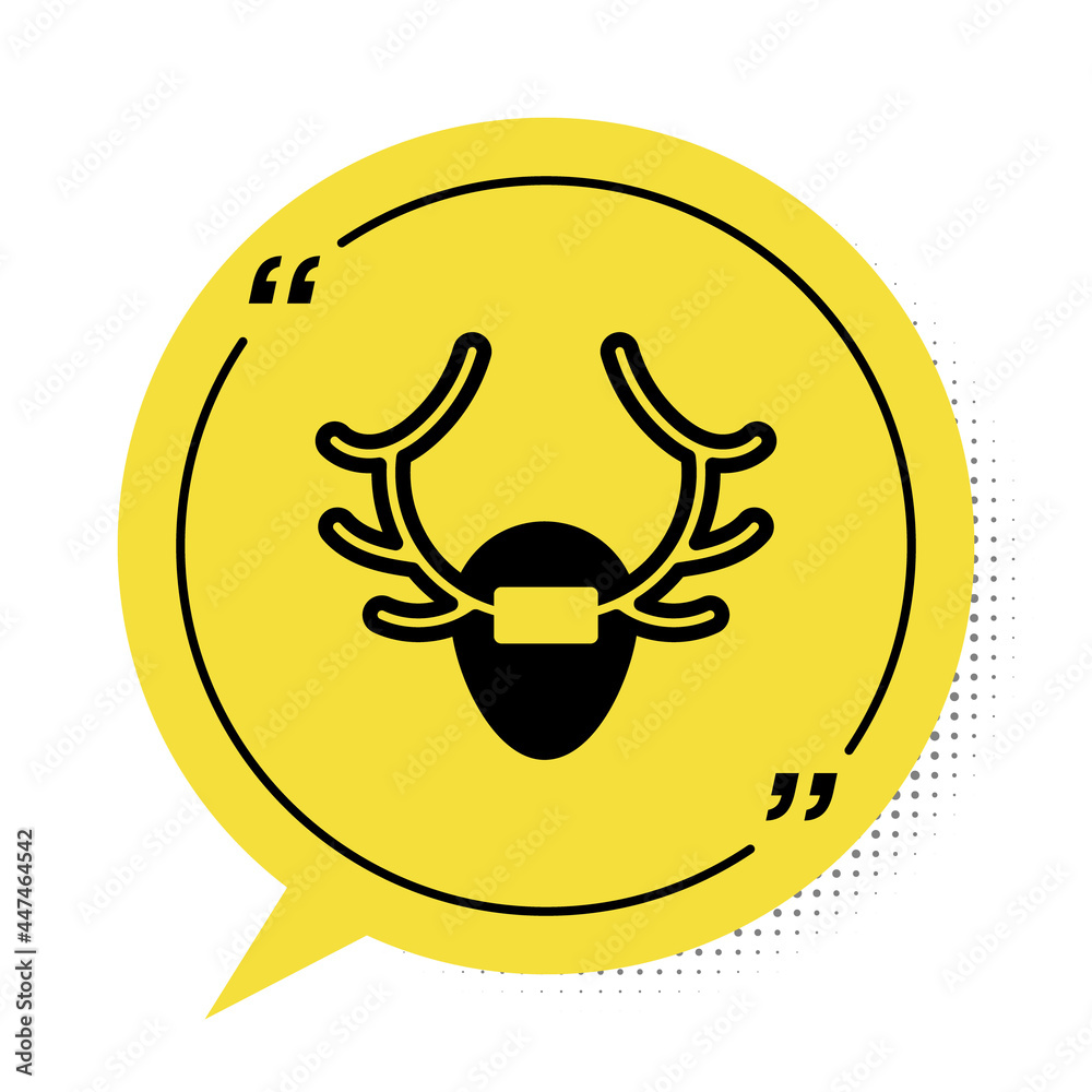 Sticker Black Deer antlers on shield icon isolated on white background. Hunting trophy on wall. Yellow speech bubble symbol. Vector