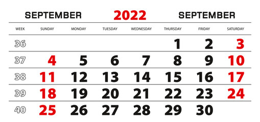 Wall calendar 2022 for september, week start from sunday.