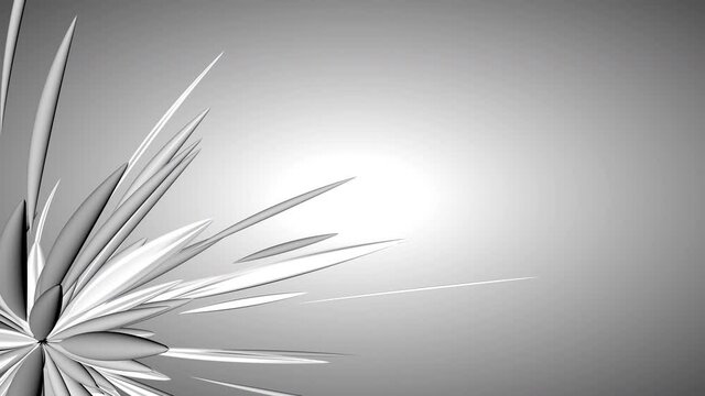 Abstract flower with moving petals recoded in 3D program on a gray gradient background.
