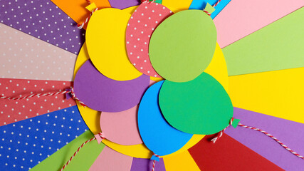 A bunch of colorful paper balloons. Balloons party invitation card. Color papers geometry flat composition background. geometric background from paper sheets. Paper art, Paper cut. Top view, Flat Lay