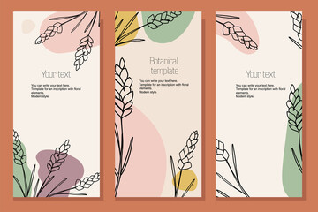 A set of botanical stretched templates for flyers, advertising booklets, cards, with text placement.