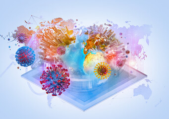 Coronavirus covid-19 illness new strains: Delta variant B.1.617.2 mutation, UK alpha strain of corona virus flu. Mutated coronavirus virus cells: alpha, beta, gamma, delta covid disease 3D background