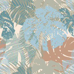 Botanical seamless pattern with leaves of tropical plants on beige background. Hand-drawn in ink outlines. Exotic plants mint green and blue colours. Jungle foliage illustration. 