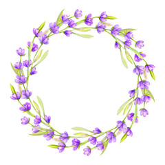 Fototapeta na wymiar Watercolor lavender wreath of flowers, circle. floral provencal style design .