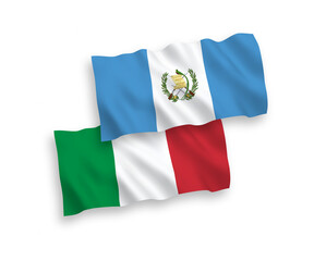 National vector fabric wave flags of Italy and Republic of Guatemala isolated on white background. 1 to 2 proportion.