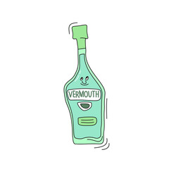 Vermouth bottle with face smile on white background. Cartoon sketch graphic design. Doodle character with black contour line. Cute hand drawn flask. Party drinks concept. Freehand drawing style
