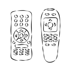 Hand remote control. Multimedia panel with shift buttons. Two types device. Wireless console. Sketch of universal electronic controller. Hand drawn illustration on white background in engraving style