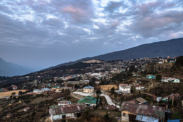 Fototapeta na wymiar tawang city view from mountain top at dawn from flat angle