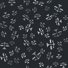 Grey Scales of justice icon isolated seamless pattern on black background. Court of law symbol. Balance scale sign. Vector.