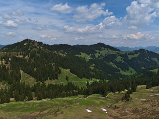 Fototapeta na wymiar Beautiful view of the Hörner Group in the Allgäu Alps with Großer Ochsenkopf peak near Oberstdorf, Bavaria, Germany in early summer with green meadows and trees on sunny day with cloudy sky.