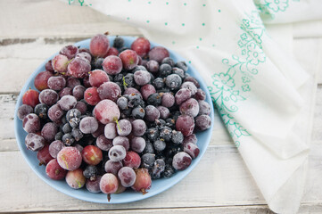Frozen berries fruits background in ceramic plate close up.Fruits with frost. on vintage white wooden planks, blank space for text, copy space