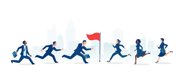 Vector of a group of business men and businesswomen running towards the career goal, competing