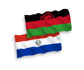 National vector fabric wave flags of Malawi and Paraguay isolated on white background. 1 to 2 proportion.