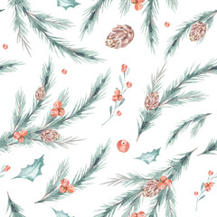 Naklejka na ściany i meble Watercolor christmas floral winter seamless natural pattern with green branches and red berries. Christmas background. New year digital paper